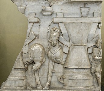 Hellenistic horse-powered grinding mill. Detail of a 2nd-century Roman sarcophagus. Vatican Museums