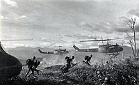 Clockwise, from top left: U.S. combat operations in Ia Đrăng, ARVN Rangers defending Saigon during the 1968 Tết Offensive, two A-4C Skyhawks after the Gulf of Tonkin incident, ARVN recapture Quảng Trị during the 1972 Easter Offensive, civilians fleeing the 1972 Battle of Quảng Trị, and burial of 300 victims of the 1968 Huế Massacre.
