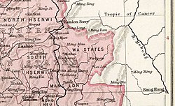 The Wa States in an Imperial Gazetteer of India map. Note the border with China marked with a discontinuous darker pink line —unlike Kengtung State to the south and North Hsenwi to the north.