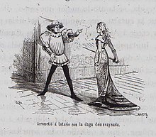 A man raises a hand to stop a woman with a long dagger.