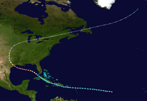 The path of the 1900 Galveston hurricane. It begins over the open Atlantic Ocean and crosses Hispaniola and Cuba as a tropical storm. The storm strengthens over the Gulf of Mexico, becoming a Category 4 before striking Texas. The cyclone then moves north and eventually recurves east-northeastward over the Midwest. After that, the system tracks across the Midwest and eastern Canada, before reaching the Atlantic again and ending near Iceland