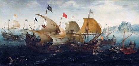 The flagship of the Duke of Medina Sidonia: the San Martin is attacked off the coast of Dover from port side by the English Rainbow and from starboard by the Dutch Gouden Leeuw, Dover, 8 August 1588