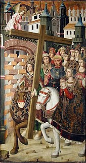 15th century, Spanish, a medieval painting showing Heraclius on a horse returning the True Cross to Jerusalem, anachronistically accompanied by Saint Helena