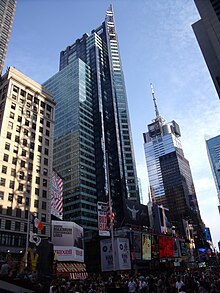 View of 1540 Broadway from the northern end of Times Square. The Actors Equity Building and 1552 Broadway are at left and 4 Times Square are at right