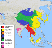 color map showing Buddhism is a major religion in Tibet, China, and Indochina