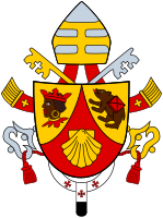 Papal Arms of Pope Benedict XVI. The papal tiara was replaced with a bishop's mitre.