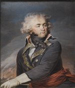 Painting of a man with a round face, cleft chin and wildly wavy hair. He wears a dark blue military uniform of the 1790s era.