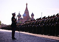 Marine Corps Gunnery Sgt. Benjamin Becker, Drum Major for U.S. Naval Forces Europe Band, stands in Red Square while waiting to perform at the parade.