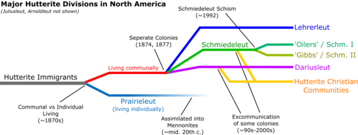 Chart showing the history of different Hutterite branches and splits.