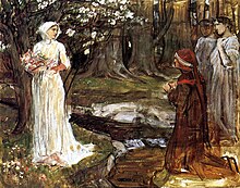 An unfinished painting that depicts Matilda, Dante, Virgil, and Statius in the Earthly Paradise, by John William Waterhouse.