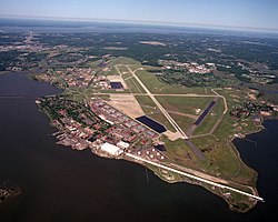 Langley AFB from over Chesapeake Bay.