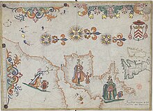 A map on western Europe and North Africa showing three monarchs, one holding a bow in direction of a Spanish monarch while the French monarch is looking at them.
