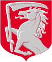 A horse holding scythe in the coat of arms of Orimattila