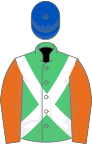 Emerald green, white cross belts, orange sleeves, royal blue cap