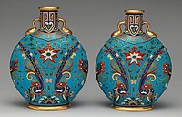 Pair of bottles in "Oriental" style, reminiscent of Chinese cloisonné enamel, 1870s, design attributed to Christopher Dresser.