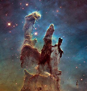 A higher-resolution Hubble Space Telescope image of the Pillars of Creation, taken in 2014 as a tribute to the original photograph