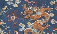 Detail of qifu (imperial dragon robe), late 19th or early 20th century, silk, gilt thread, twill and damask weave, embroidery, Honolulu Academy of Arts