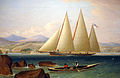 1831 painting of a three-masted Bermuda sloop of the Royal Navy, entering a West Indies port.