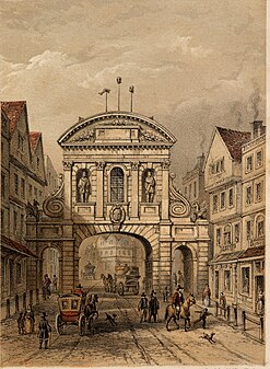 Artist's conception of the Temple Bar Gate at the commencement of the 18th century. Note heads on pikes above the gate.