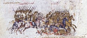 Medieval miniature showing a group of lance-carrying cavalry pursuing another group of lancers, with their dead on the ground