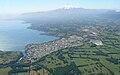 Aerial view of Lake Villarrica, the town of Villarrica and Villarrica Volcano