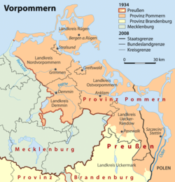 Current (grey lines) and historical (coloured areas) administrative division of Vorpommern. Historically, the Oder formed the eastern border of Western Pomerania[citation needed]