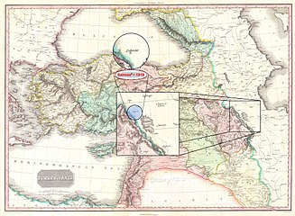 Salmas in 1818 Pinkerton Map of "Turkey in Asia, Iraq, Syria, and Palestine" (Concurred with the Time of Qajar dynasty) • Modified by Hassan Jahangiri