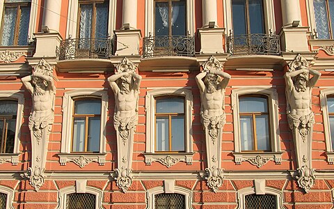 Rococo Revival atlantes on the facade of the Beloselsky-Belozersky Palace, Saint Petersburg, designed by Andrei Stackenschneider, 1847-1848