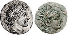 Two coins. Obverses are shown. To the left, a coin of Antiochus VI depicting him wearing a headdress in the shape of sun rays. On the right, a coin of Alexander II depicting him wearing the same headdress