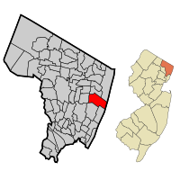 Location of Tenafly in Bergen County highlighted in red (left). Inset map: Location of Bergen County in New Jersey highlighted in orange (right).
