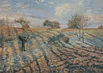 Hoarfrost: Old Road to Ennery, Pontoise; by Camille Pissarro; 1873; oil on canvas; 64.7 x 92.6 cm; Musée d'Orsay (Paris)[215]