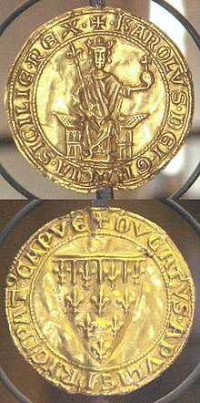 Two sides of a golden seal, one depicting a crowned man sitting on a throne, the other showing a coat-of-arms with lilies