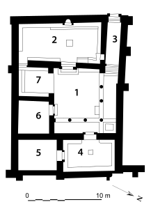 Restored plan of the first synagogue. 1. Central courtyard 2. Community assembly hall 3. Corridor 4. Reception hall 5. Reception hall 6. Residential room 7. Auxiliary room to the assembly hall Plan based on notes by Henry Pearson (circa 1936) as mentioned in Hopkins 1979.