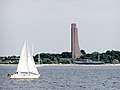Laboe Tower seen from water with submarine museum U-995 at beach