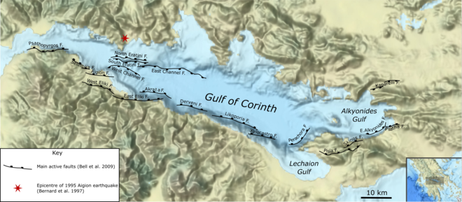 Topographic map of the Gulf of Corinth with overlays of the epicenter of the earthquake and active faults