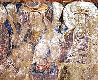 Probable Hephthalite royal couple in the murals of the Buddhas of Bamiyan circa 600 AD (the 38-meter Buddha they decorate is carbon dated to 544–595 AD).[110]