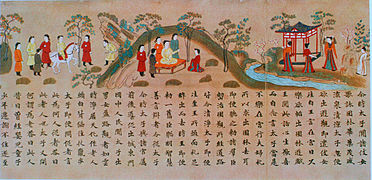 Example of a simple transition using a watercourse, Illustrated Sutra of Cause and Effect [fr], 8th century