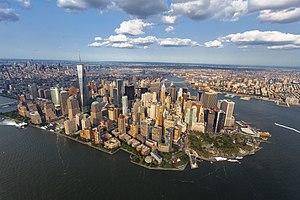 Lower Manhattan, including Wall Street, anchoring New York City's role as the world's principal fintech and financial center,[1] with One World Trade Center, the tallest skyscraper in the Western Hemisphere