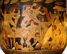 Stylised drawing taken from a Greek vase, of numerous naked or near-naked figures, some bearing weapons, some being attacked. In the lower right corner a figure carries a large shield; above him an elderly man looks on.