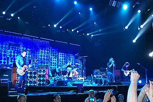 Pearl Jam performing in Amsterdam in 2012. From left to right: Mike McCready, Jeff Ament, Matt Cameron, Eddie Vedder, and Stone Gossard.
