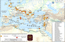 A map of the Mediterranean labeled 'THE ROMAN LEGIONS BY THE END OF SEPTIMIUS SEVERUS' RULE'.