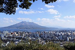 Kagoshima City, Kagoshima Prefecture and the active volcano Sakurajima