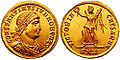 Image 6Solidus issued under Constantine II, and on the reverse Victoria, one of the last deities to appear on Roman coins, gradually transforming into an angel under Christian rule (from Roman Empire)
