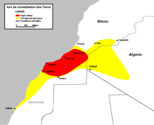 The Tekna country (red) and migration routes (yellow)