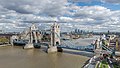 Tower Bridge and Canary Wharf viewed from the balcony around the top of the building.