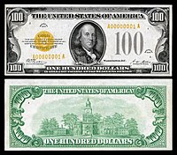 $100 Gold Certificate Benjamin Franklin