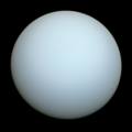 The planet Uranus, seen from the Voyager 2 spacecraft. The cyan color comes from a combination of methane gas and atmospheric haze in the planet's atmosphere.