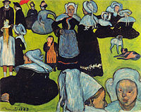 Émile Bernard, Breton Women in the Meadow,  August 1888. Bernard exchanged this one with Gauguin who brought it to Arles in autumn 1888 when he joined Van Gogh, who was fond of this style. Van Gogh painted a copy in watercolor to inform his brother Theo about it.