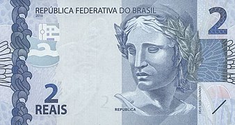 Effigy of the Federative Republic of Brazil on a 2 Reais banknote.