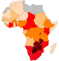 Map of Africa colored according to the percentage of the adult (ages 15–49) population with HIV/AIDS (Map of 2002).[47]